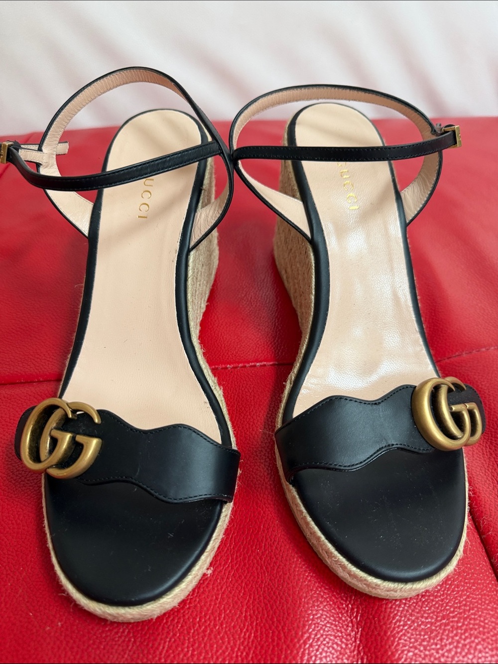 Gucci Black Leather GG Logo Wedge Espadrilles